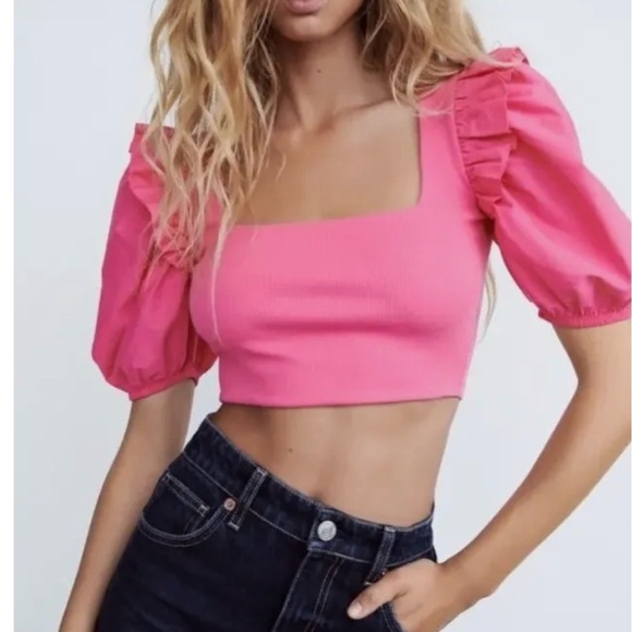 ZARA square neck puff lsleeve crop Top Pink Cotton size S - Picture 2 of 7